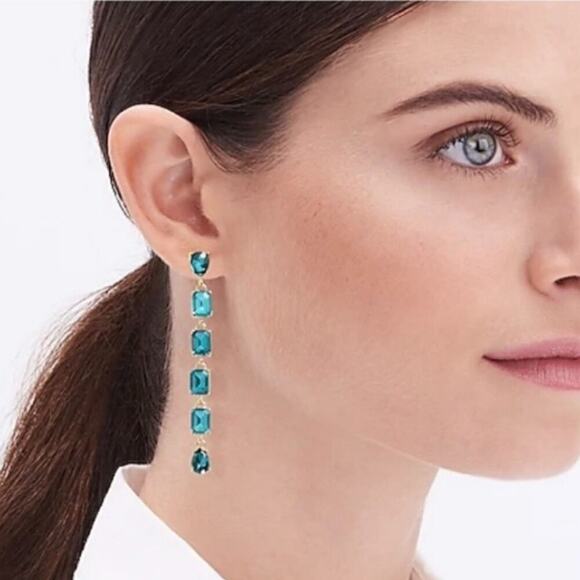 J.Crew Green Emerald Crystal Gem Waterfall Drop Earrings Hypoallergenic Ear Post - Picture 1 of 5
